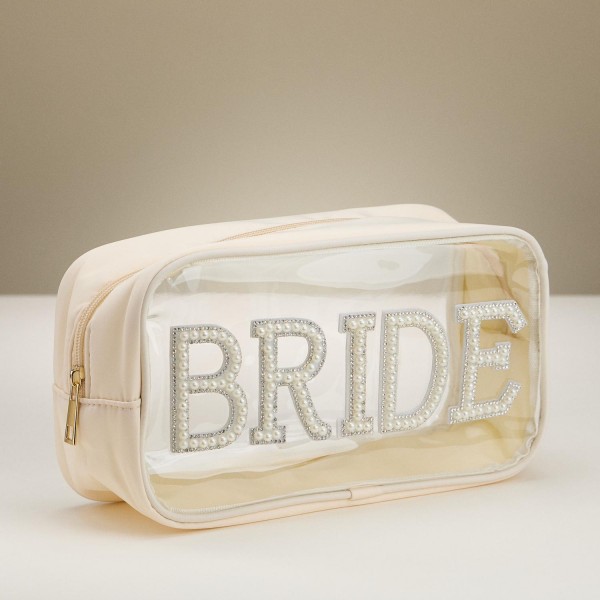 Pearl & Rhinestone Studded "BRIDE" Clear Pouch 
- Full Zip Closure 
- Approximately 9.75" L X 5.5" T X 3.5" D