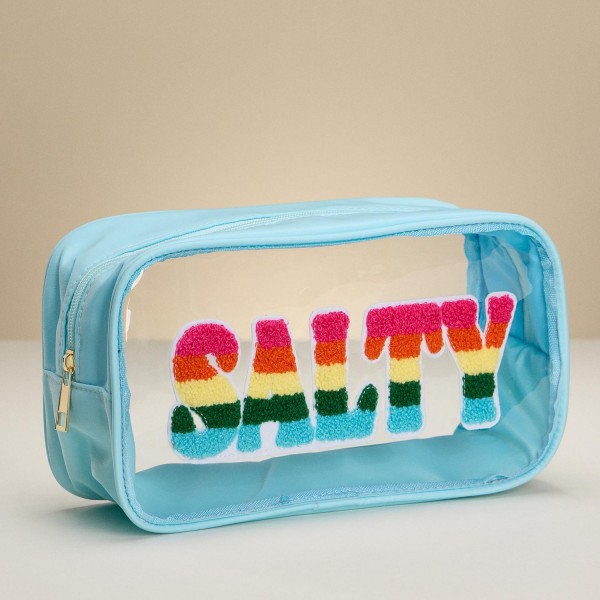 "SALTY" Rainbow Chenille Patch Clear Pouch 
- Full Zip Closure 
- Approximately 9.75" L X 5.5" T X 3.5" D