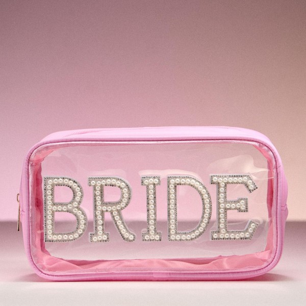 Wholesale pearl Rhinestone Studded BRIDE Clear Pouch Full Zip Closure L T D