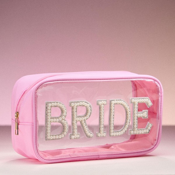Pearl & Rhinestone Studded "BRIDE" Clear Pouch 
- Full Zip Closure 
- Approximately 9.75" L X 5.5" T X 3.5" D