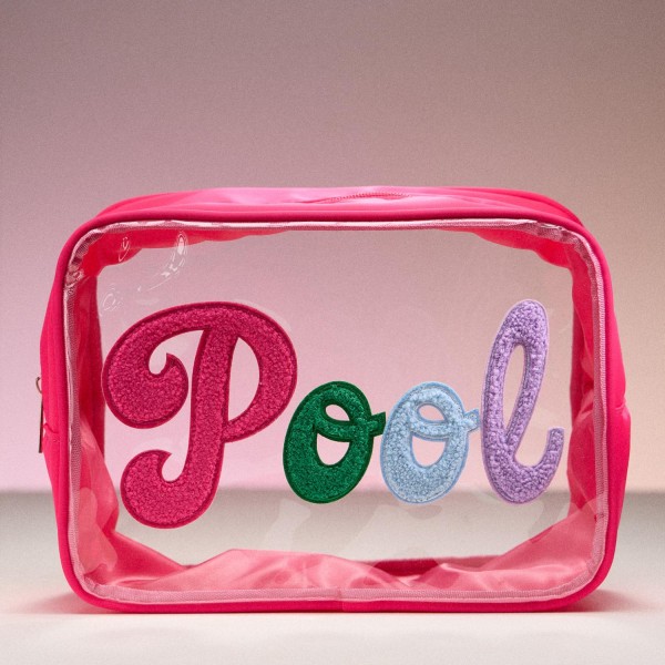 Cursive "Pool" Chenille Patch Clear Pouch 

- Full Zip Closure
- Approximately 10" L X 5" T X 5" D