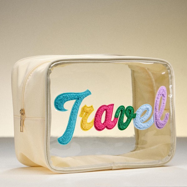 Cursive "Travel" Chenille Patch Clear Pouch 
- Full Zip Closure
- Approximately 10" L X 5" T X 5" D