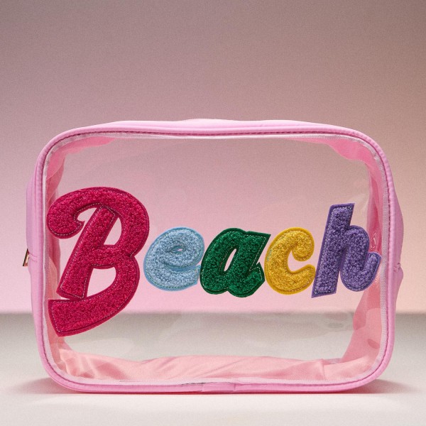 Cursive "Beach" Chenille Patch Clear Pouch 

- Full Zip Closure
- Approximately 10" L X 5" T X 5" D