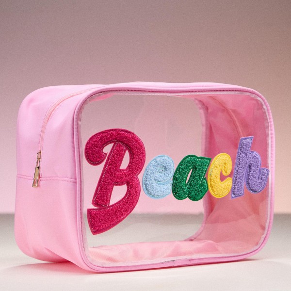 Cursive "Beach" Chenille Patch Clear Pouch 
- Full Zip Closure
- Approximately 10" L X 5" T X 5" D