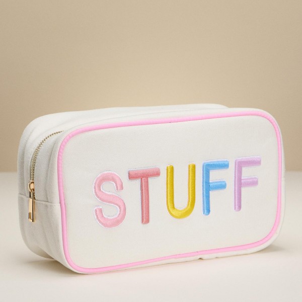 "STUFF" Embroidered Canvas Pouch 
- Full Zip Closure
- Lined Body 
- Approximately 9.5" L X 5.5" T X 3.25" D