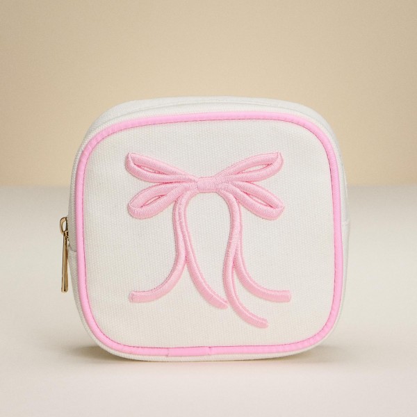 Wholesale canvas Pouch Embroidered Bow Detail Full Zip Closure Lined Body L T D