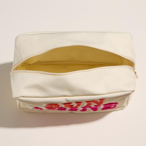 Nylon "SUN SHINE" Chenille Patch Pouch 
- Full Zip Closure 
- Lined Body 
- Approximately 10" L X 7.5" T X 4.5" D