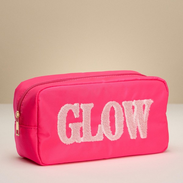 "GLOW" Chenille Patch Nylon Pouch 
- Full Zip Closure
- Lined Body 
- Approximately 9.5" L X 5" T X 3" D