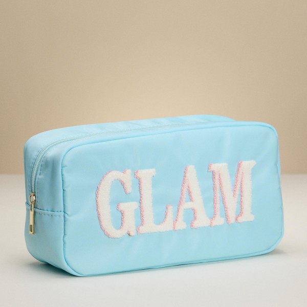 "GLAM" Chenille Patch Nylon Pouch 
- Full Zip Closure
- Lined Body 
- Approximately 9.5" L X 5" T X 3" D