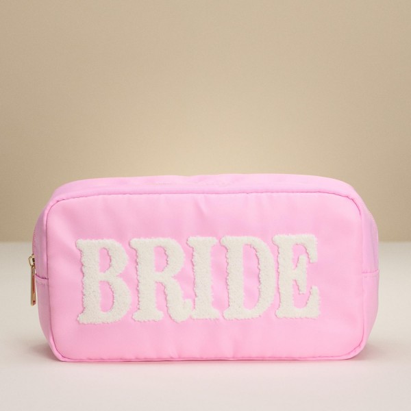 "BRIDE" Chenille Patch Nylon Pouch 

- Full Zip Closure
- Lined Body 
- Approximately 9.5" L X 5" T X 3" D