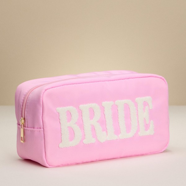 "BRIDE" Chenille Patch Nylon Pouch 
- Full Zip Closure
- Lined Body 
- Approximately 9.5" L X 5" T X 3" D