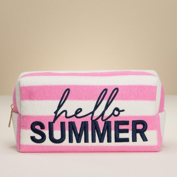 Wholesale hello Summer Embroidered Stripe Terry Cloth Pouch Full Zip Closure Li