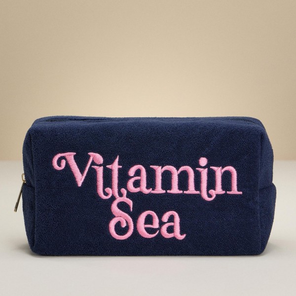 Wholesale vitamin Sea Embroidered Terry Cloth Pouch Full Zip Closure Lined Body