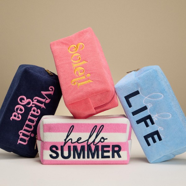 "Soleil" (Sun) Embroidered Terry Cloth Pouch 
- Full Zip Closure 
- Lined Body 
- Approximately 8.75" L X 5" T X 3.25" D