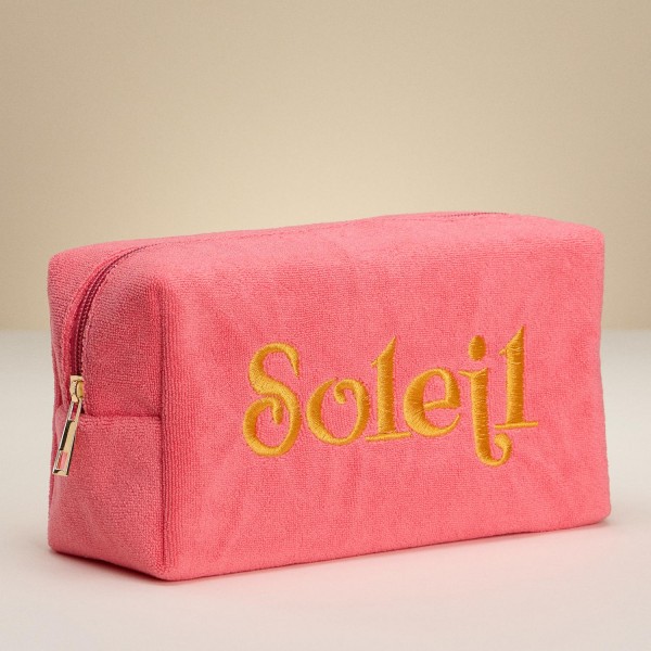 "Soleil" (Sun) Embroidered Terry Cloth Pouch - Full Zip Closure - Lined Body - Approximately 8.75" L X 5" T X 3.25" D view 5