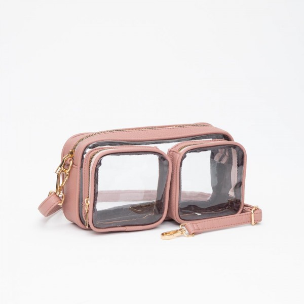 Wholesale clear Crossbody Bag Vegan Leather Trim Two Clear Outer Pockets Zip Clo