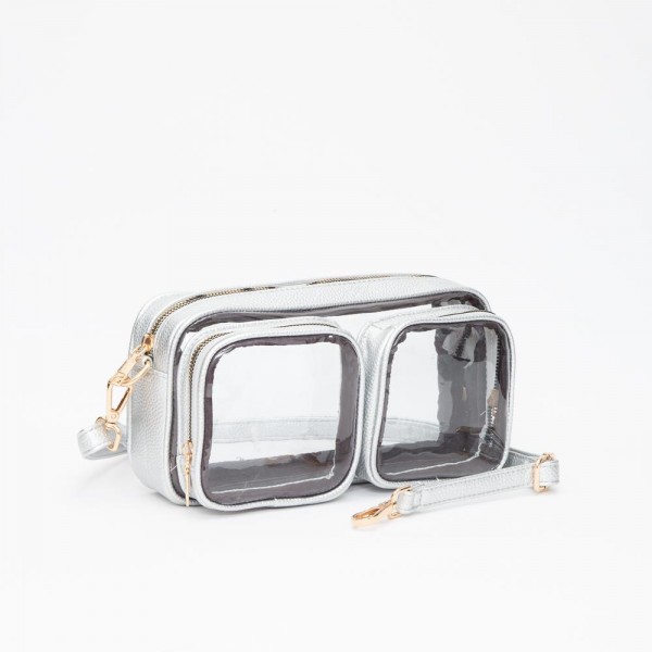 Wholesale clear Crossbody Bag Vegan Leather Trim Two Clear Outer Pockets Zip Clo