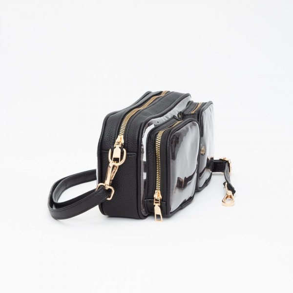 Clear Crossbody Bag With Vegan Leather Trim & Two Clear Outer Pockets - Zip Closure - Removeable Vegan Leather Crossbody Strap - Approximately 10" L X 5.5" T X 2" D view 5