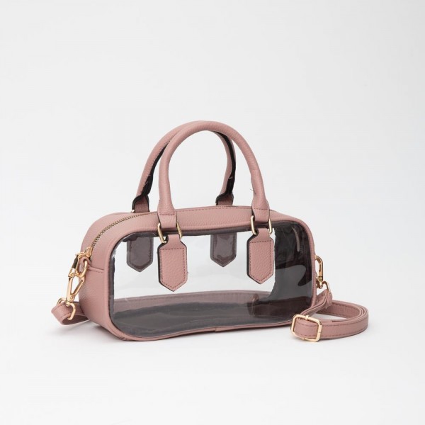 Clear Crossbody Tote Bag With Vegan Leather Trim 

- Zip Closure
- Removeable Vegan Leather Crossbody Strap 
- Approximately 9" L X 5" T X 3.5" D
- Handle Drop 4" L