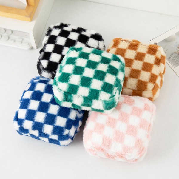 Furry Checker Pouch

- Full Zip Closure 
- Lined Body
- One Open Pocket 
- Approximately 5" L X 6" T X 2" D