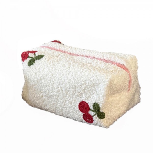 Fuzzy Embroidered Cherries Pouch 

- Full Zip Closure 
- Lined Body 
- Approximately 7" L X 4.5" T X 4" D