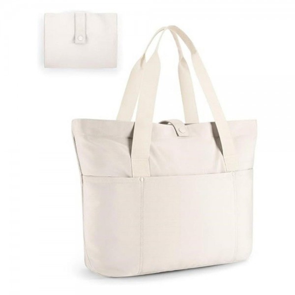 Foldable Nylon Tote Bag 

- Water Resistant 
- 3 Open & 1 Zip Outer Pocket 
- Lined Body 
- 1 Inner Zip Pocket 
- Approximately 16" L X 12" T X 5" D