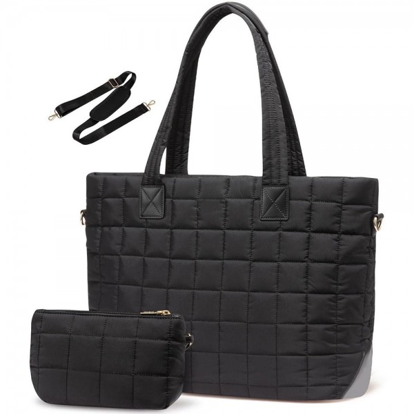 Nylon Quilted Tote Bag With Vegan Leather Accents 
- Full Zip Closure
- 1 External Zip Pocket 
- Laptop Pocket With Velcro Clasp
- 2 Open & 1 Zip Internal Pockets
- Quilted Wristlet Included
- Crossbody Strap Included
- Handle Drop 10" L
- Approximately 12" T X 19" L X 7" D