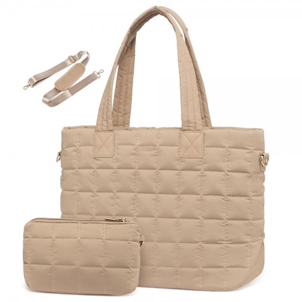 Nylon Quilted Tote Bag With Vegan Leather Accents 

- Full Zip Closure
- 1 External Zip Pocket 
- Laptop Pocket With Velcro Clasp
- 2 Open & 1 Zip Internal Pockets
- Quilted Wristlet Included
- Crossbody Strap Included
- Handle Drop 10" L
- Approximately 12" T X 19" L X 7" D