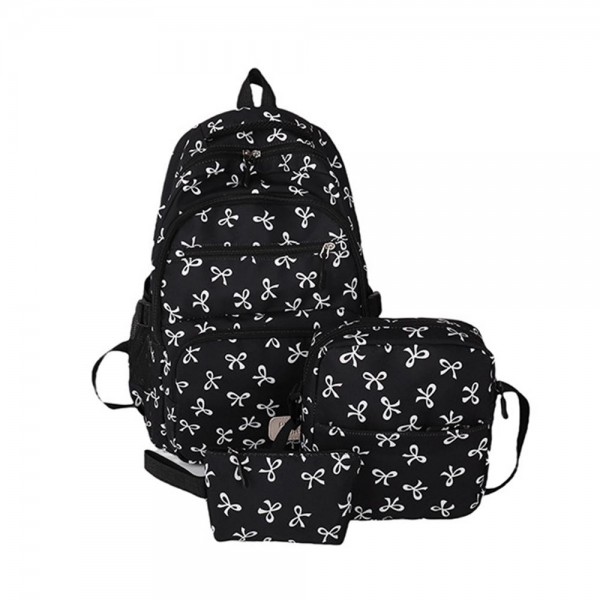 Nylon Bow Print Backpack 

- 2 Medium & Small Pouches Included 
- 3 Zip & Two Open Outer Side Pockets 
- 1 Open Laptop Pocket 
- Adjustable Straps 
- Approximately 16" T X 13" L X 6" D
