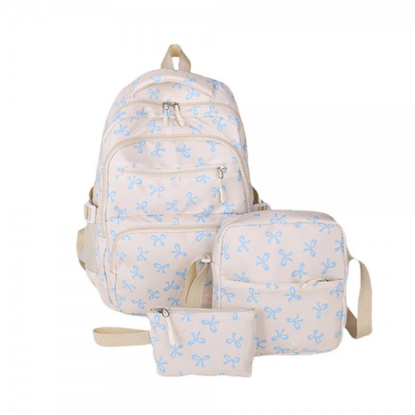 Nylon Bow Print Backpack 

- 2 Medium & Small Pouches Included 
- 3 Zip & Two Open Outer Side Pockets 
- 1 Open Laptop Pocket 
- Adjustable Straps 
- Approximately 16" T X 13" L X 6" D
