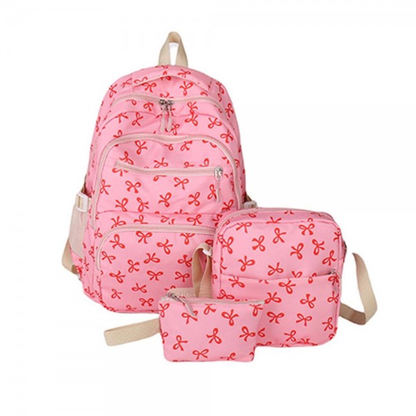 Nylon Bow Print Backpack 

- 2 Medium & Small Pouches Included 
- 3 Zip & Two Open Outer Side Pockets 
- 1 Open Laptop Pocket 
- Adjustable Straps 
- Approximately 16" T X 13" L X 6" D
