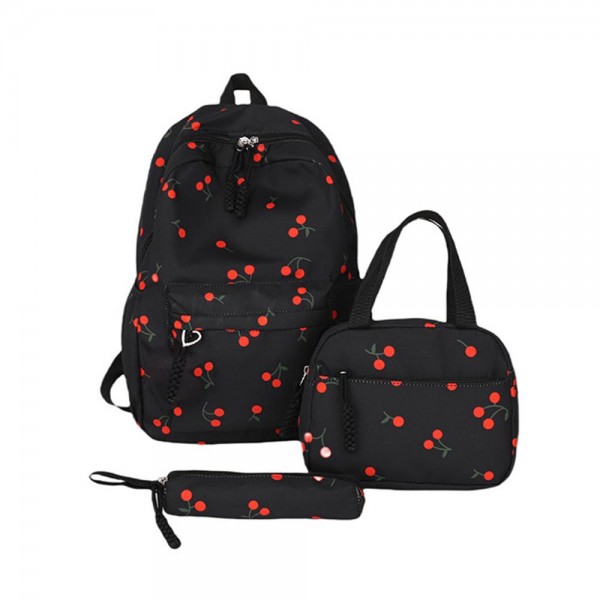 Nylon Cherry Print Backpack Set

- 1 Mini Tote & 1 Pencil Case included 
- 3 Zip & Two Open Outer Side Pockets
- 1 Open Laptop Pocket
- Adjustable Straps
- Approximately 16" T X 13" L X 6" D