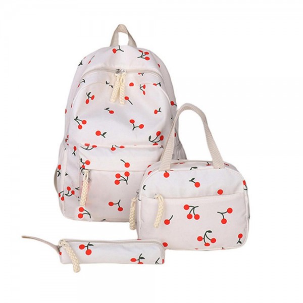 Nylon Cherry Print Backpack Set

- 1 Mini Tote & 1 Pencil Case included 
- 3 Zip & Two Open Outer Side Pockets
- 1 Open Laptop Pocket
- Adjustable Straps
- Approximately 16" T X 13" L X 6" D