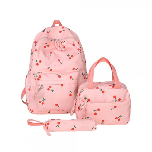 Nylon Cherry Print Backpack Set

- 1 Mini Tote & 1 Pencil Case included 
- 3 Zip & Two Open Outer Side Pockets
- 1 Open Laptop Pocket
- Adjustable Straps
- Approximately 16" T X 13" L X 6" D
