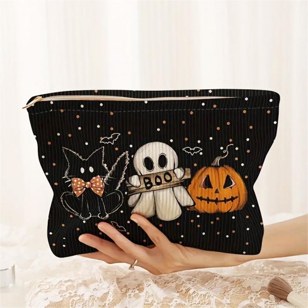 Cat, Ghost, & Jack-O-Lantern Pouch 

- Fill Zip Closure
- Lined Body 
- Approximately 10" L X 7.75" T 
