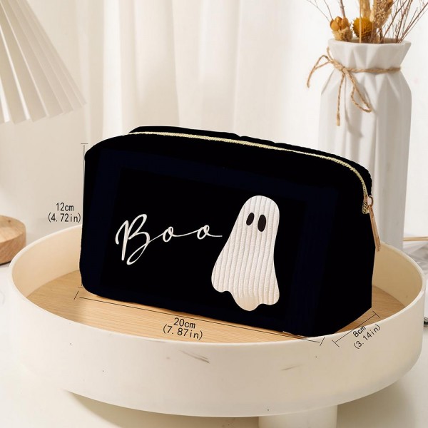 "Boo" Ghost Pouch

- Zip Closure
- Lined Body
- 1 Open Pouch
- Approximately 7" L X 4.5" T X 1.5" D