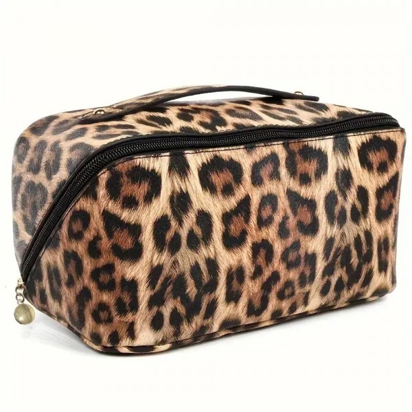 Vegan Leather Animal Print Travel Makeup Bag

- Full Zipper Closure
- 3 Internal Side Pockets & 1 Center Zipper Brush Pocket
- Center Lays Flat When Bag Is Opened
- Approximately 9” L X 5” T X 4” D