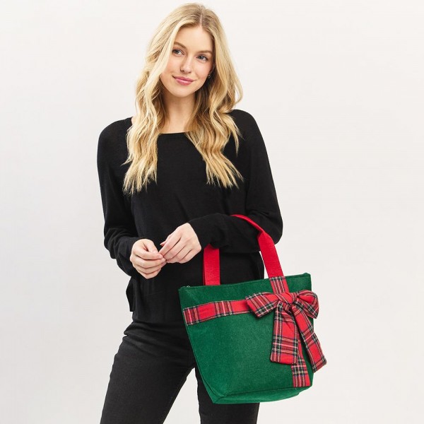 Wholesale felt Christmas Tote Bag Plaid Bow Polyester L T D