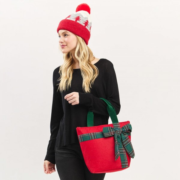 Wholesale felt Christmas Tote Bag Plaid Bow Polyester L T D