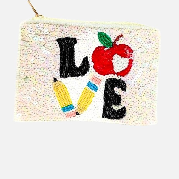 "LOVE" Apple & Pencil Seed Bead Pouch

- Lined Interior
- Full Zipper Closure
- Approximately 5" L X 4.5" T