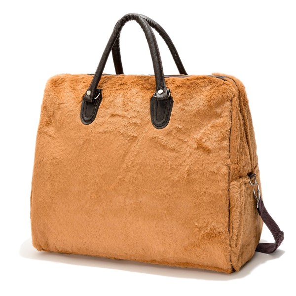 Faux Fur Tote Bag With Leather Handles & Trim

- Zip Closure
- Lined Body 
- Detachable Crossbody Strap
- Handle Drop 6" L
- Approximately 14" T X 15.5" L X 6" D