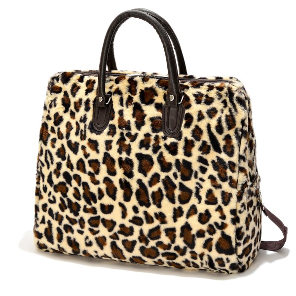 Faux Fur Leopard Print Tote Bag With Vegan Leather Handles & Trim

- Zip Closure
- Lined Body 
- Detachable Crossbody Strap
- Handle Drop 6" L
- Approximately 14" T X 15.5" L X 6" D