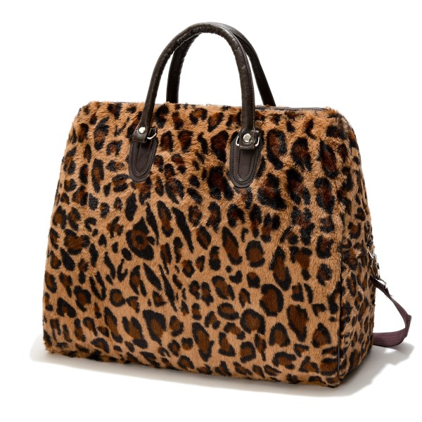 Faux Fur Leopard Print Tote Bag With Vegan Leather Handles & Trim

- Zip Closure
- Lined Body 
- Detachable Crossbody Strap
- Handle Drop 6" L
- Approximately 14" T X 15.5" L X 6" D