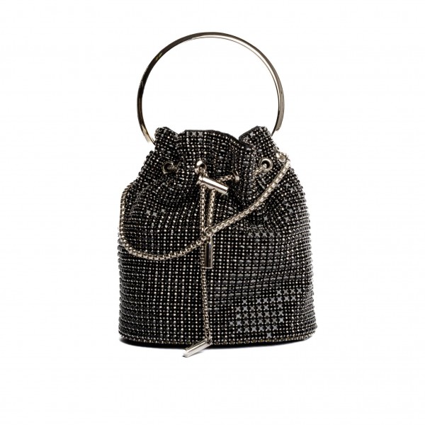 Rhinestone Mesh Mini Bucket Crossbody Bag
- Rhinestone Mesh Exterior
- Satin Lining
- Metal Bar Drawstring
- Vegan Leather Flat Base
- One Inside Pocket
- Metal Handle
- Shoulder Strap with a 22" Drop
- Approximately  6" L X 7" T X 3" D