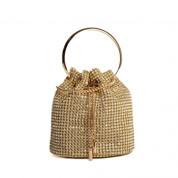 Rhinestone Mesh Mini Bucket Crossbody Bag
- Rhinestone Mesh Exterior
- Satin Lining
- Metal Bar Drawstring
- Vegan Leather Flat Base
- One Inside Pocket
- Metal Handle
- Shoulder Strap with a 22" Drop
- Approximately  6" L X 7" T X 3" D