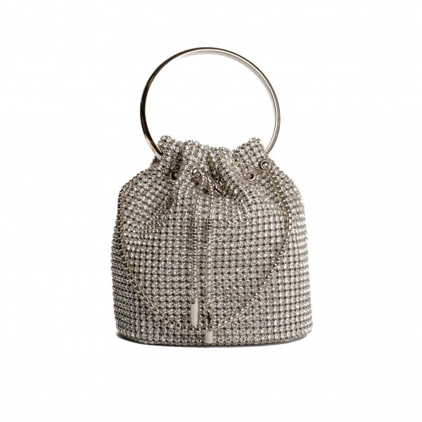 Rhinestone Mesh Mini Bucket Crossbody Bag

- Rhinestone Mesh Exterior
- Satin Lining
- Metal Bar Drawstring
- Vegan Leather Flat Base
- One Inside Pocket
- Metal Handle
- Shoulder Strap with a 22" Drop
- Approximately  6" L X 7" T X 3" D