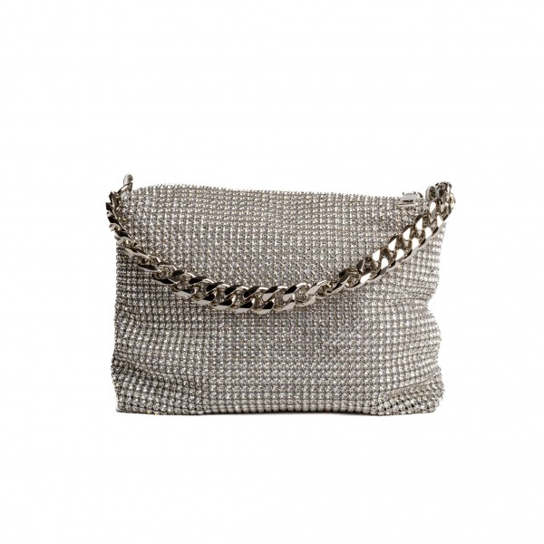 Rhinestone Mesh with Chainlink Handle Bag
- Rhinestone Mesh Exterior
- Satin Lining
- One open pocket and one zipper closure pocket
- Removable Chain Link Strap
- One Inside Pocket
- Chainlink Handle
- Approximately 9" L X 6.5" T X 2" D