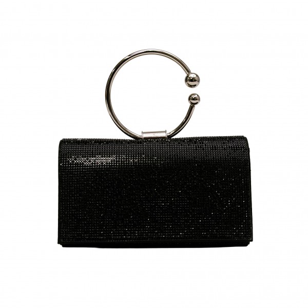 Rhinestone Evening Clutch with Orbital Handle
- Rhinestone Exterior
- Satin Lining
- Removable Metal Chain Strap
- One Inside Pocket
- Round Metal Handle
- Approximately 7" L X 5" T X 2" D