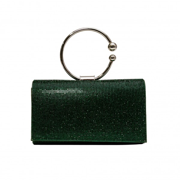 Rhinestone Evening Clutch with Orbital Handle
- Rhinestone Exterior
- Satin Lining
- Removable Metal Chain Strap
- One Inside Pocket
- Round Metal Handle
- Approximately 7" L X 5" T X 2" D