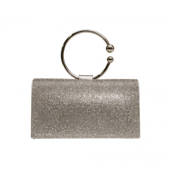 Rhinestone Evening Clutch with Orbital Handle
- Rhinestone Exterior
- Satin Lining
- Removable Metal Chain Strap
- One Inside Pocket
- Round Metal Handle
- Approximately 7" L X 5" T X 2" D